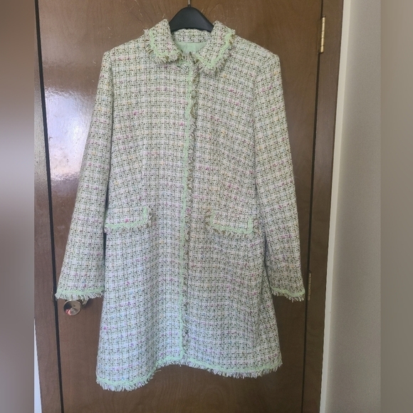 NWT I.C.E. Women's Size 14 Fringed Mint Green Tweed Jacket Coat Silk Blend - Picture 7 of 13